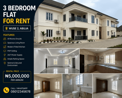 3 Bedroom Flat for Rent in Wuse 2, Abuja