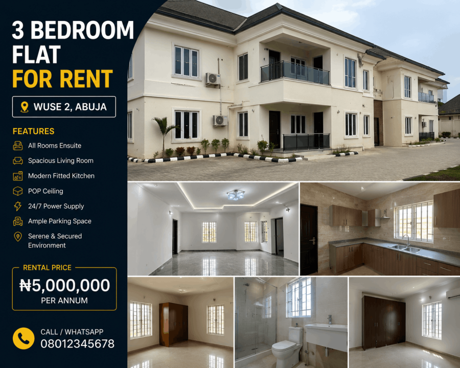 3 Bedroom Flat for Rent in Wuse 2, Abuja
