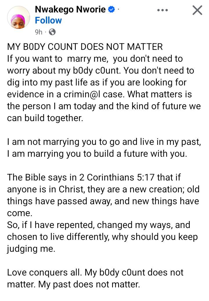 Nigerian woman defends her past, urges suitors to focus on the future