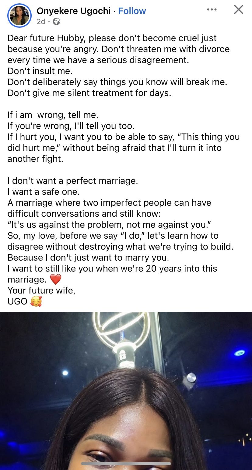 Nigerian woman shares heartfelt message to future husband about marriage expectations